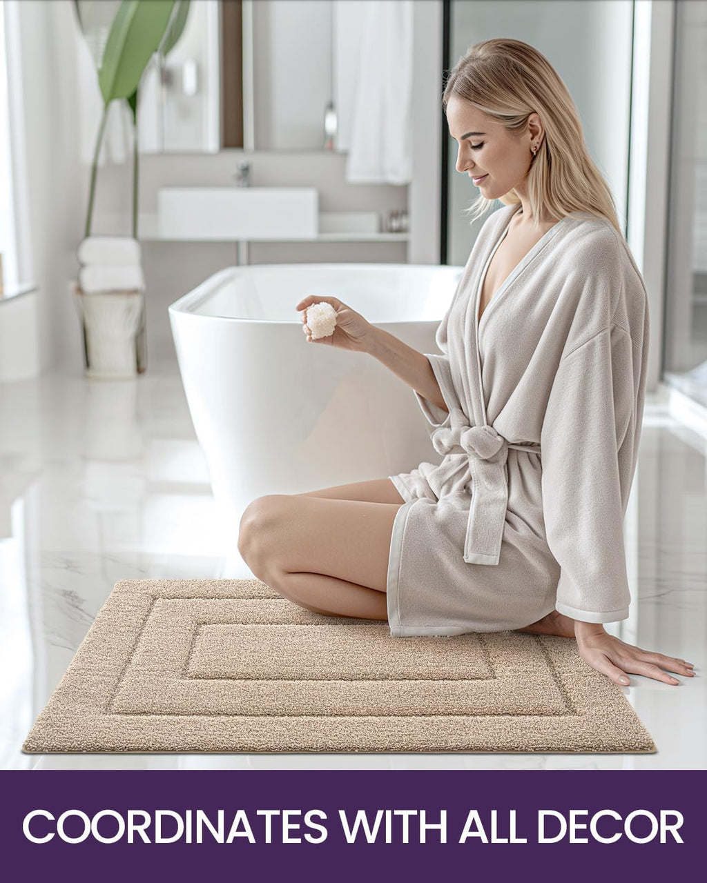 RawFiber Ultra Soft Bath Mat 50 x 80 cm, Non-Slip Absorbent Microfiber Mats, Machine Washable Quick Dry Rugs, Bathroom Accessories Decor, Beige