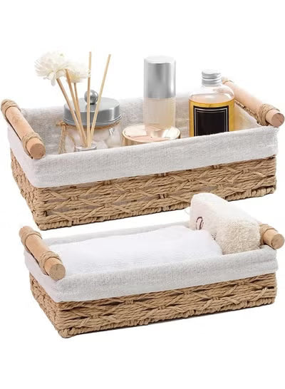 RawFiber 2pcs Wicker Basket Set | Rustic Living Room and Bathroom Storage Boxes with Lined Interior and Handles, Ideal for Cosmetics, Towels, and Decorative Organization | Vintage Style, Perfect Gift for Holidays, Retro Storage Solutions, Shelf Baskets